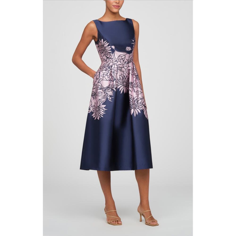 Kay Unger Evaline Floral Deep Navy Cocktail Midi Dress size 10 (New)